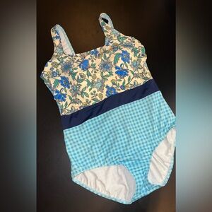 Land’s End Scoop Neck One Piece Floral Plaid Swimsuit Plus Petite Size 16P EUC